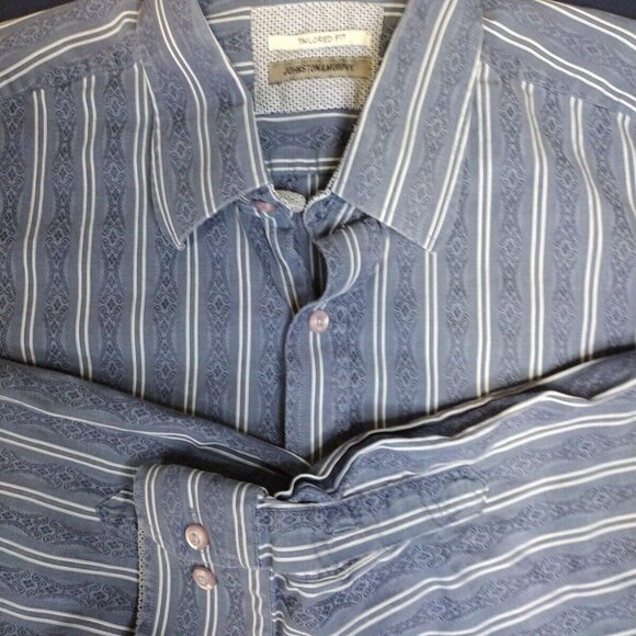 Johnson‎ & Murphy Mens Large Blue Striped Button Cotton Shirt - Picture 2 of 10